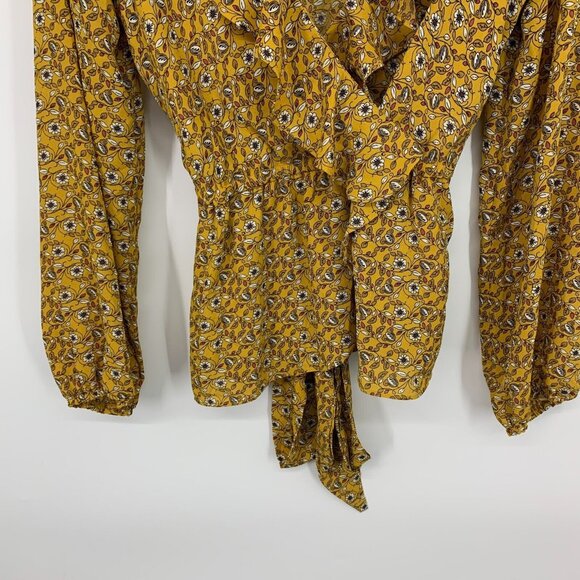 Max Studio Top Yellow Floral Print Faux Wrap Long Sleeve Ruffle - Picture 4 of 10